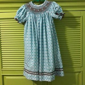 Smocked dress- teal and brown with pearl accent